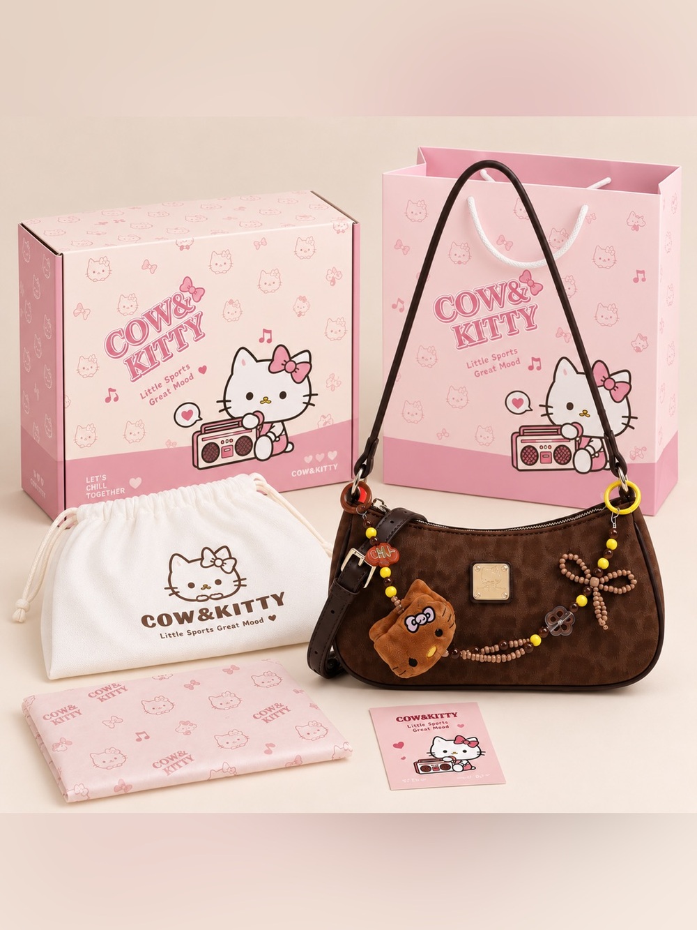 Cow & Kitty Brown Shoulder Bag with Charm Accents